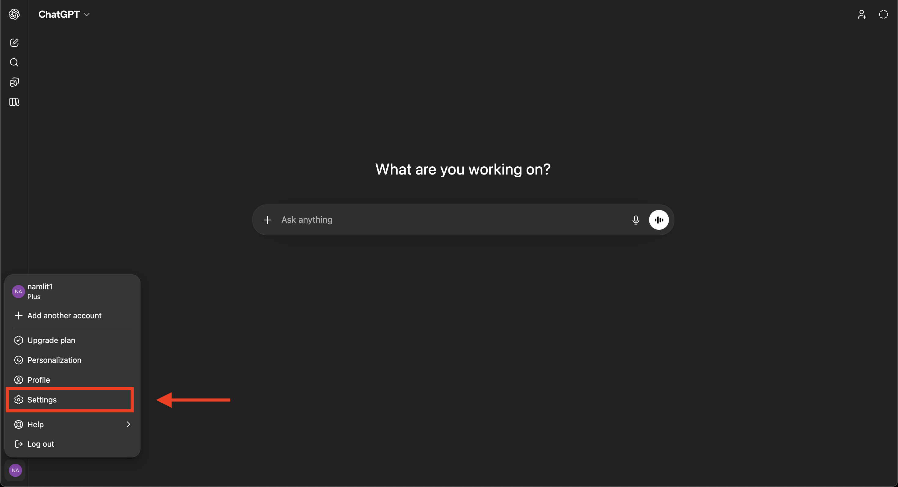 Account menu with the Settings option highlighted