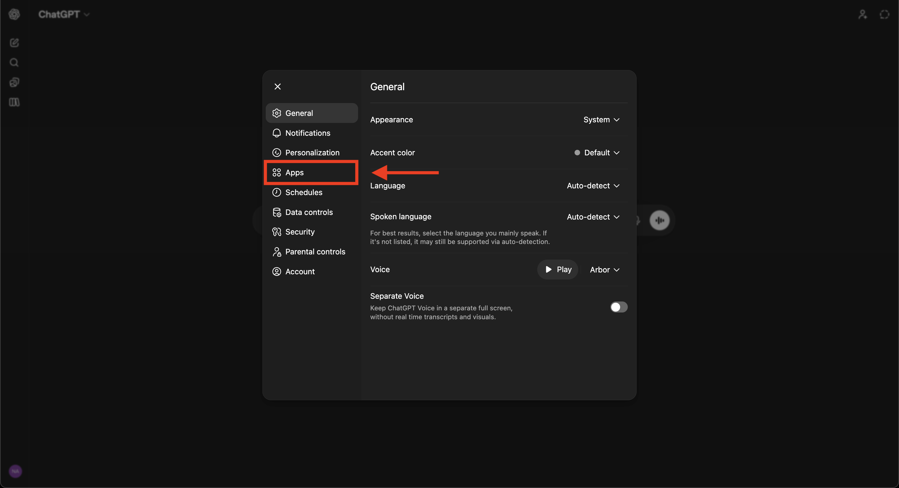 Settings dialog with the Apps option highlighted in the sidebar