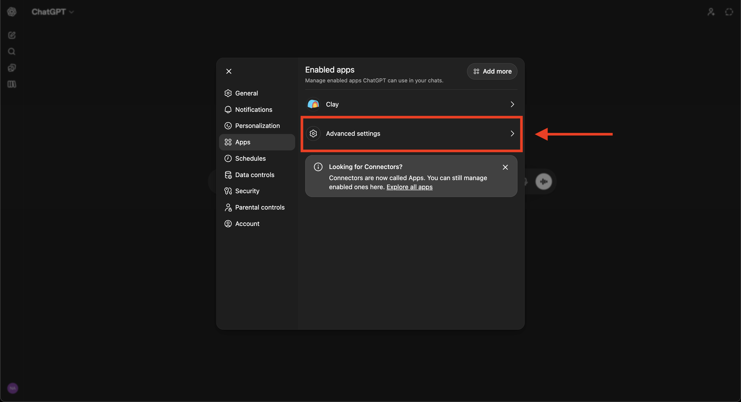 Apps panel with the Advanced settings row highlighted