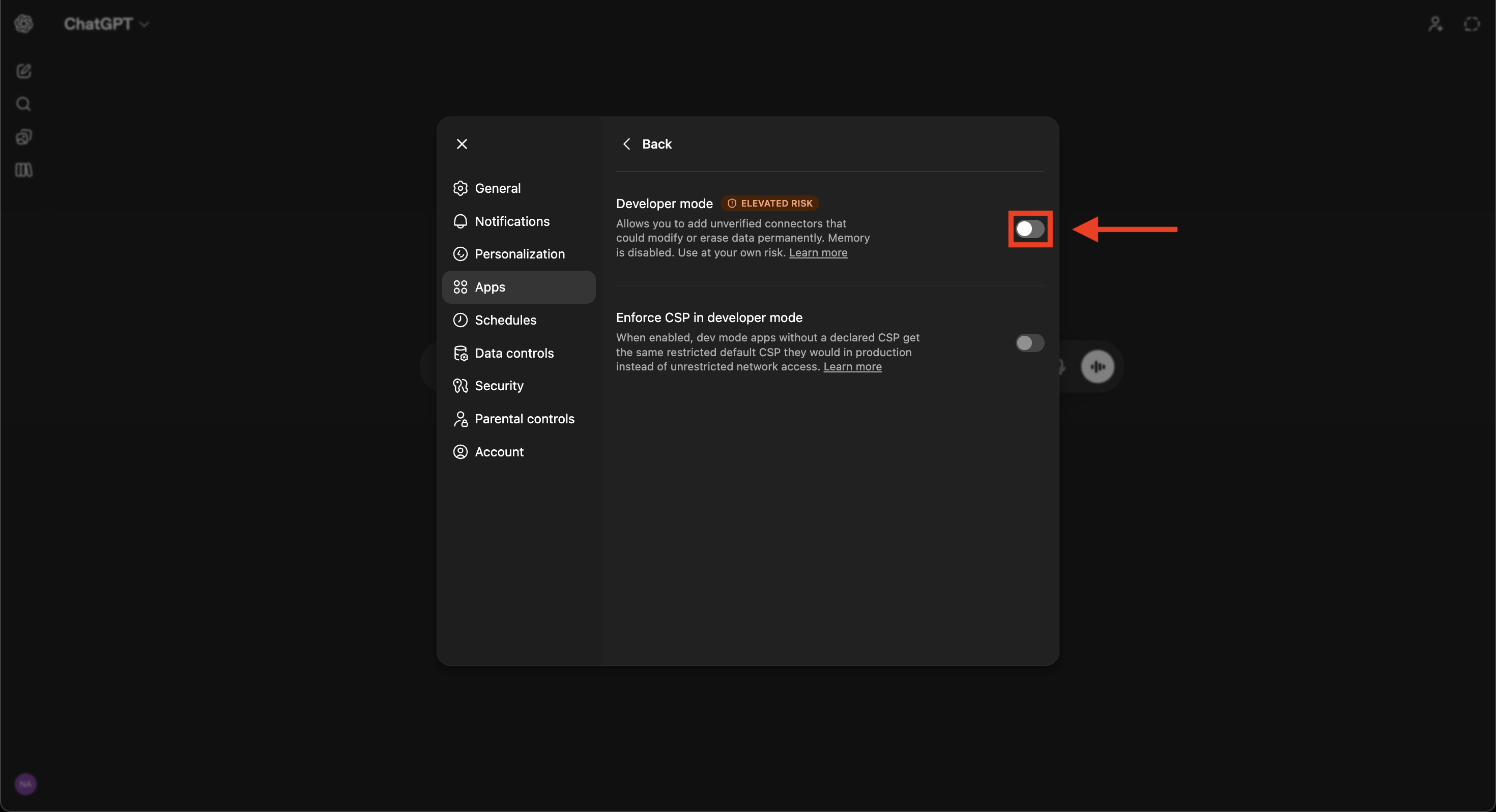 Advanced settings panel with the Developer mode toggle highlighted in the off position