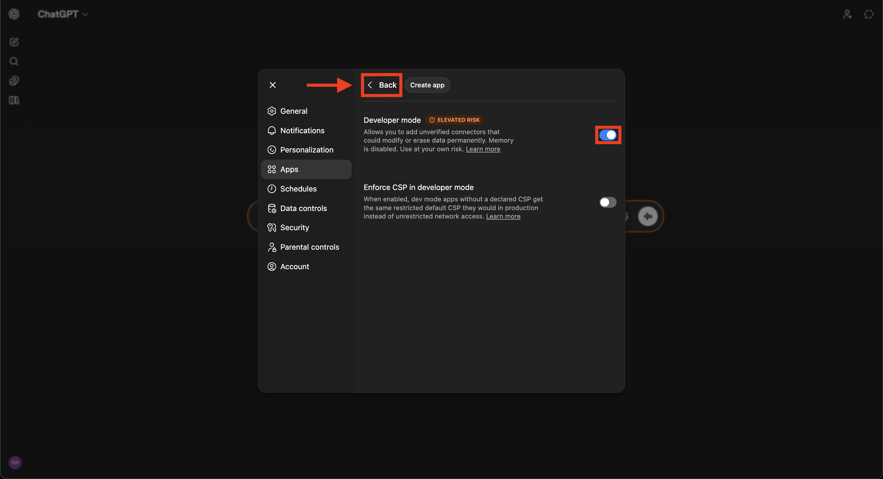 Advanced settings panel with Developer mode enabled and the Back button highlighted