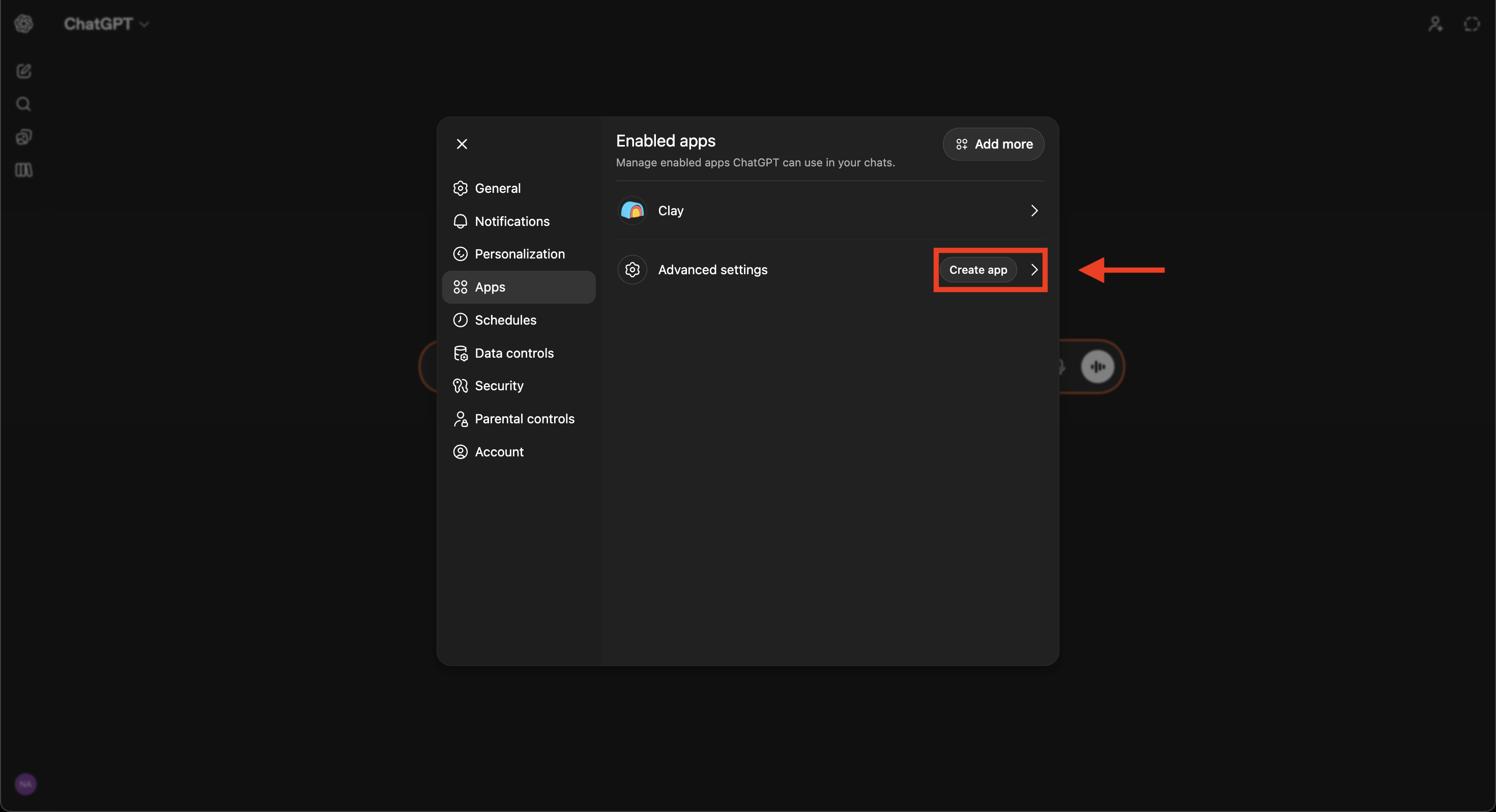 Apps panel with the Create app button highlighted next to Advanced settings