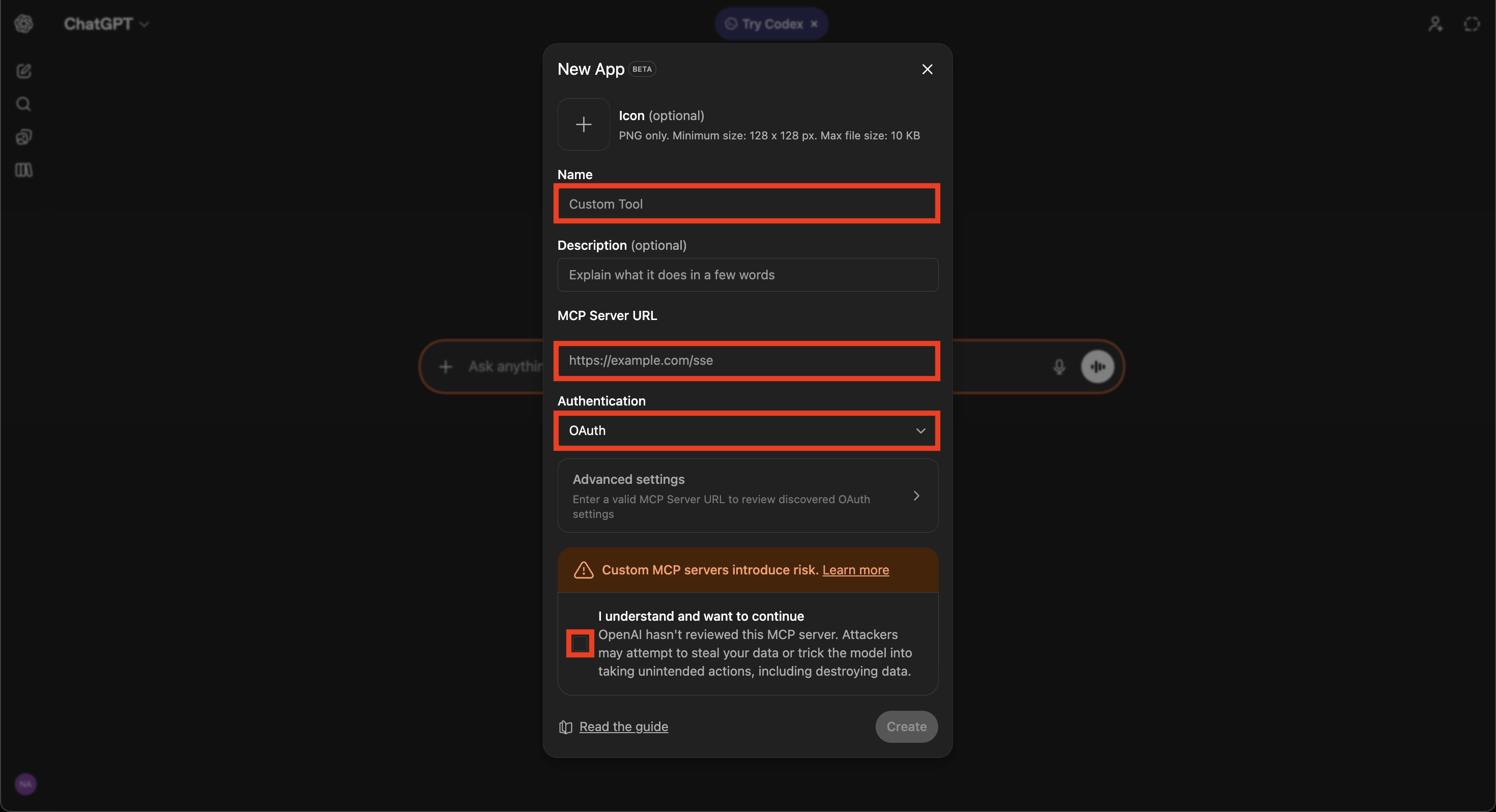 New App dialog with empty Name, MCP Server URL, Authentication, and risk checkbox fields highlighted