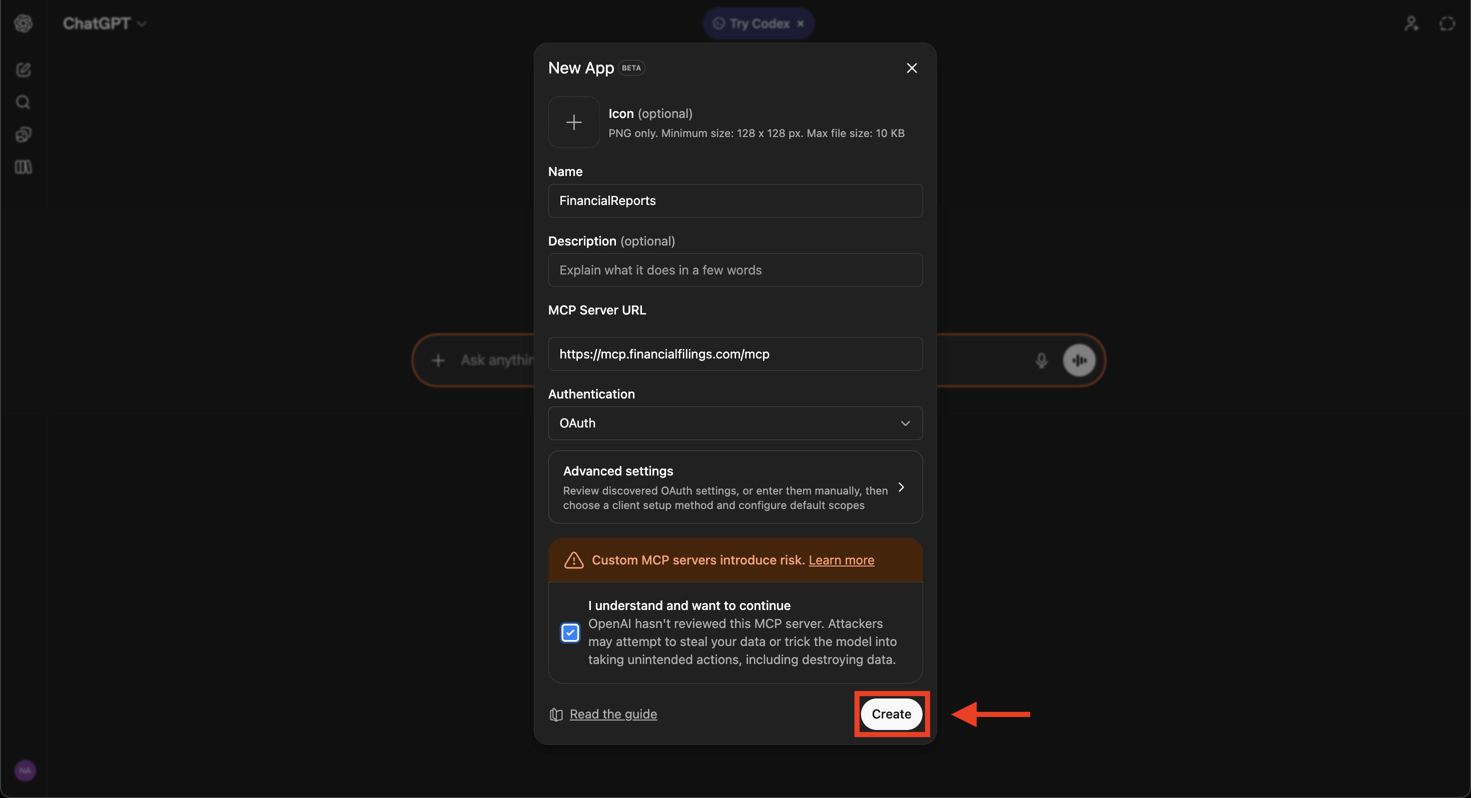 New App dialog filled in with FinancialReports as name, the MCP URL, OAuth authentication, risk box ticked, and Create button highlighted