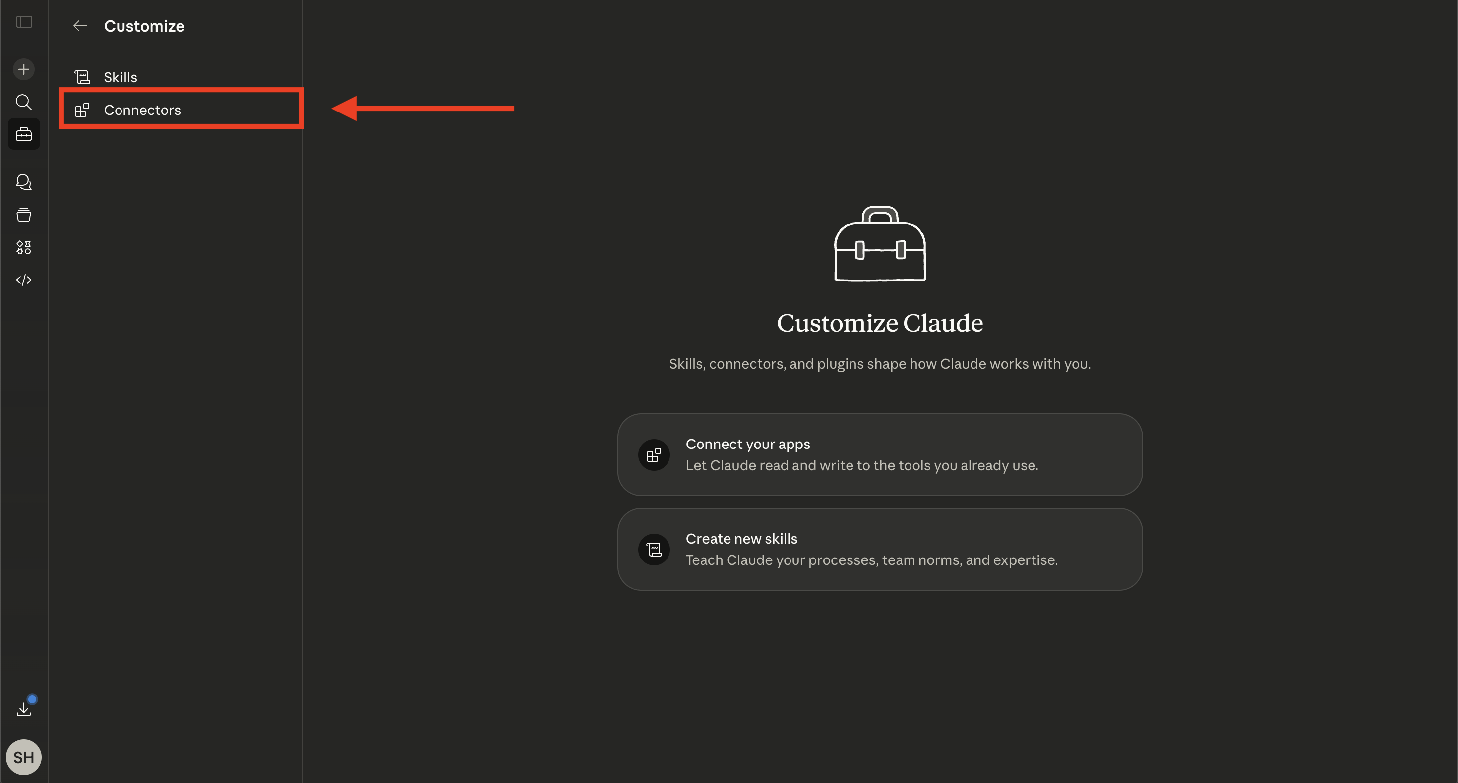 Customize panel with the Connectors option highlighted