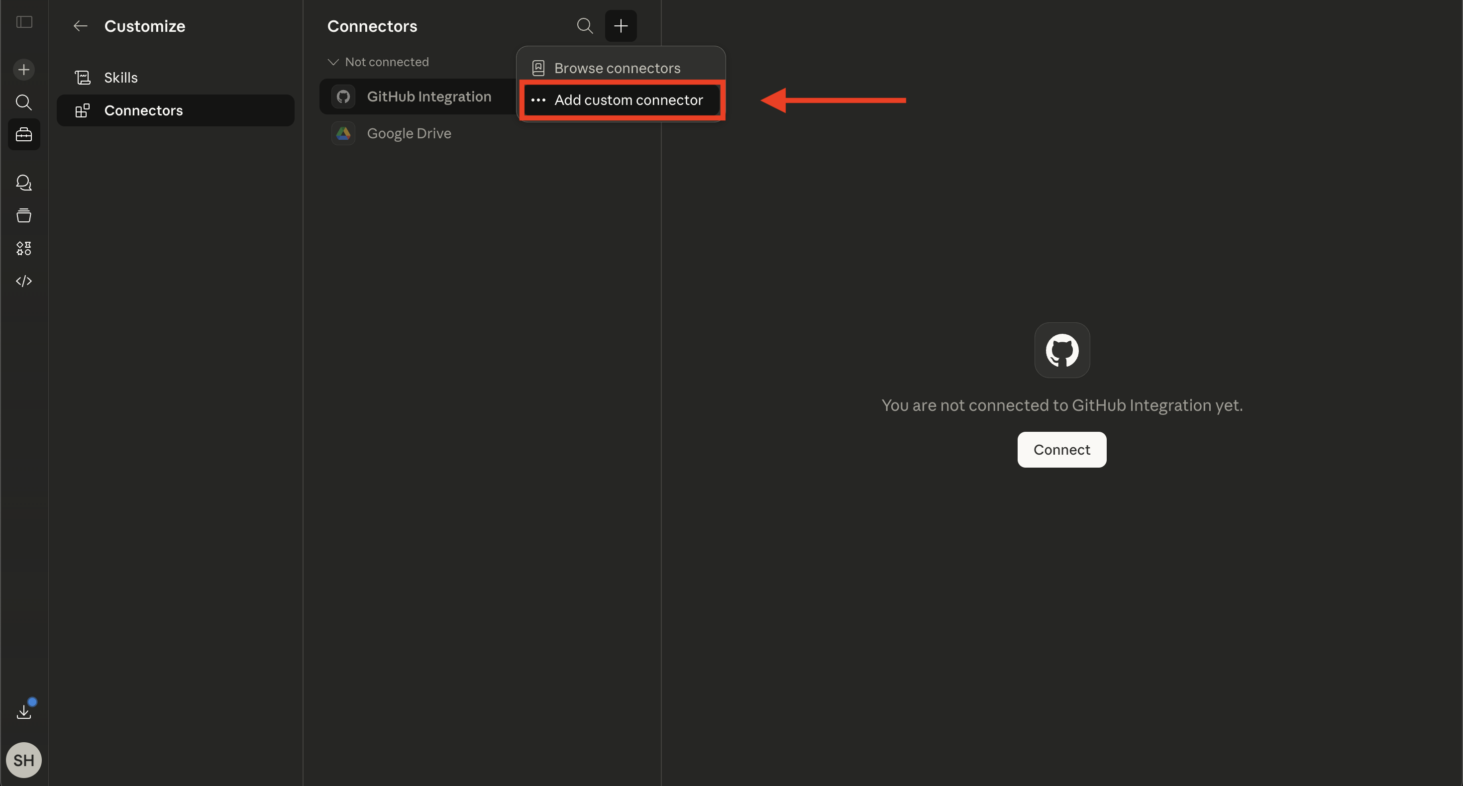 Dropdown menu showing the Add custom connector option
