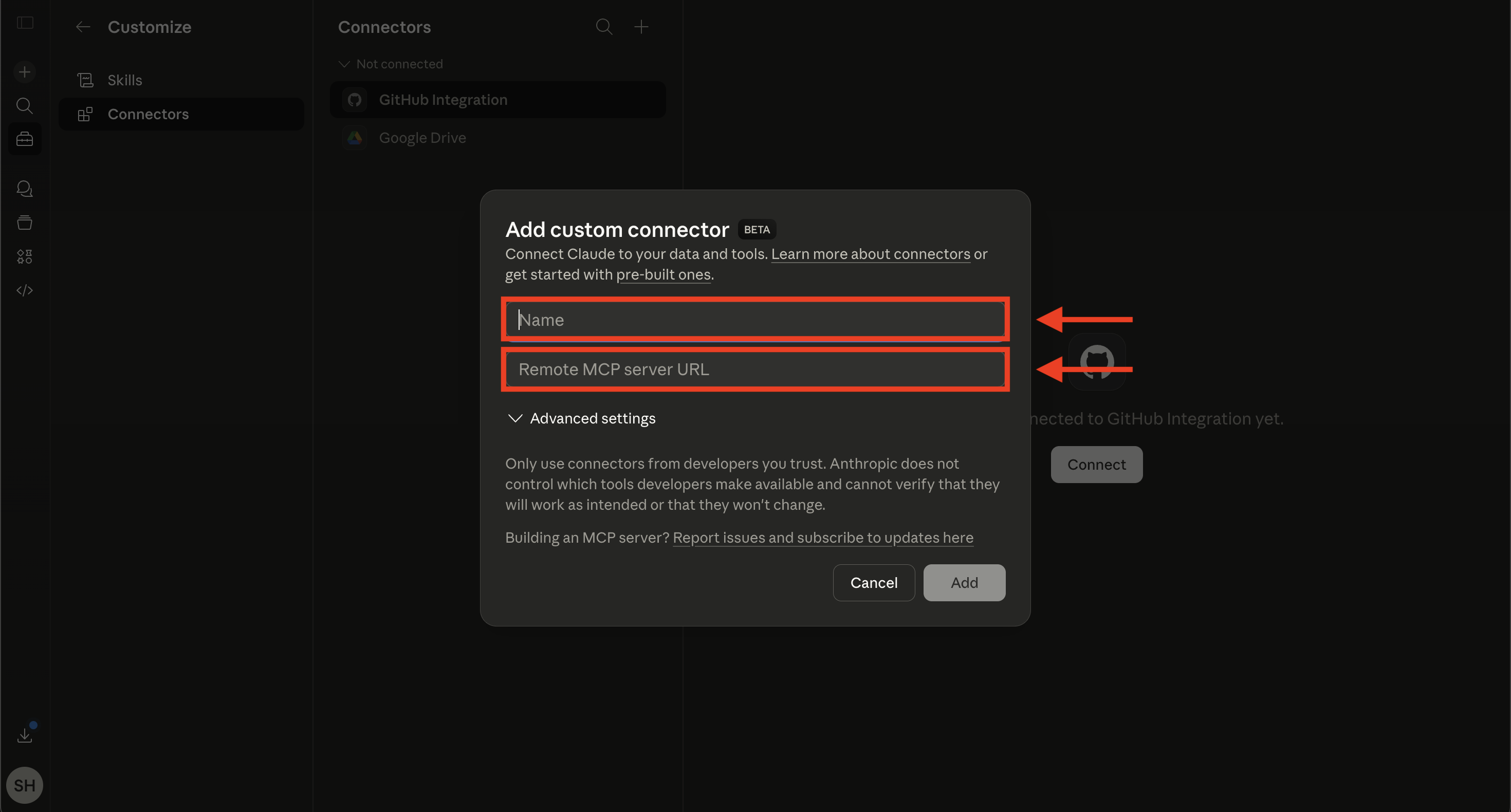 Add custom connector dialog with empty Name and URL fields highlighted