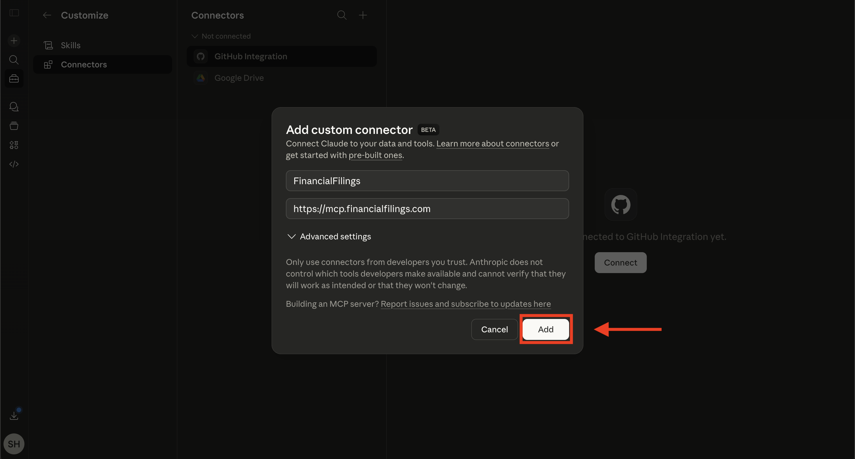 Add custom connector dialog filled in with FinancialReports as name and the MCP URL