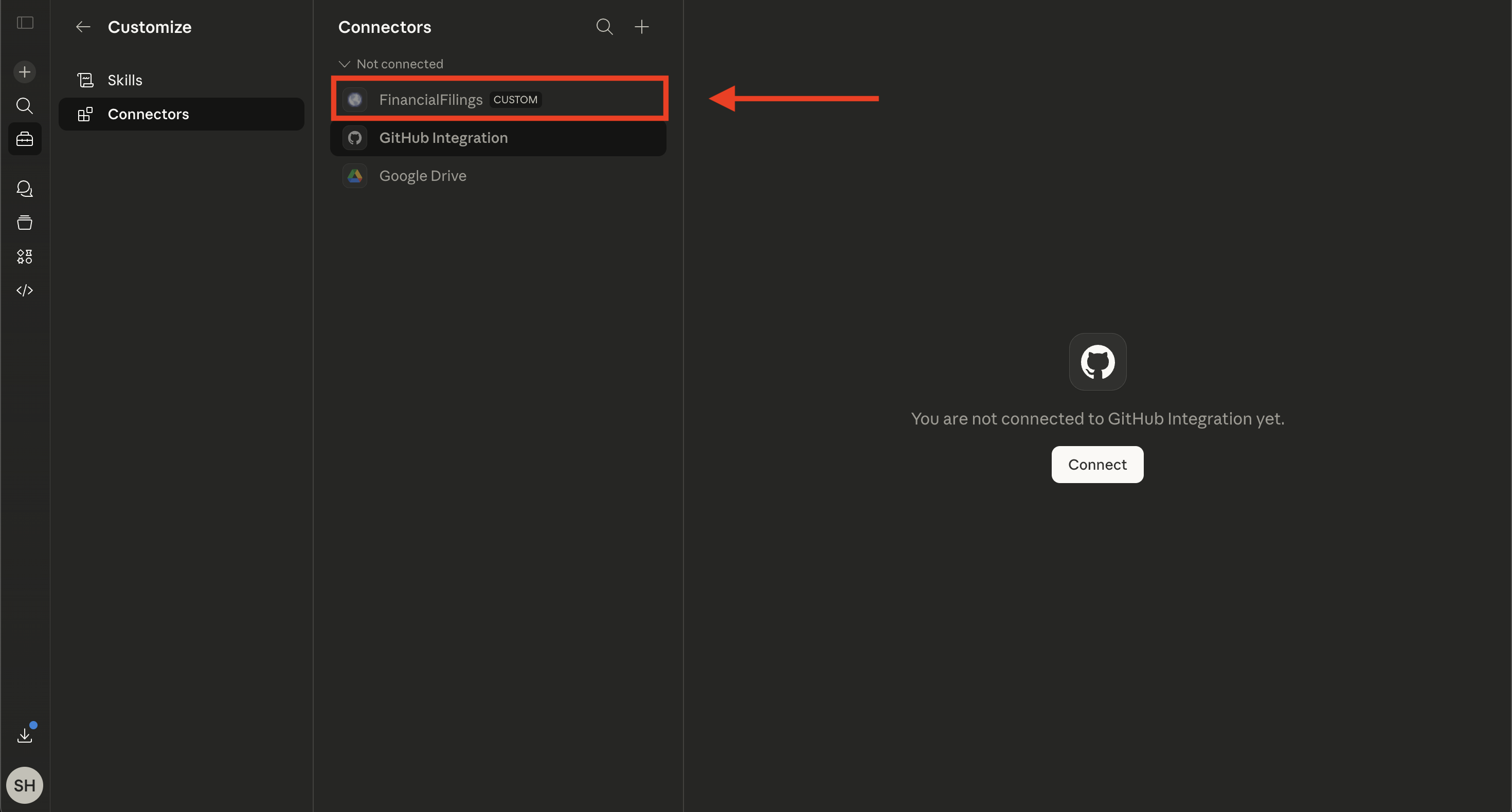 Connectors list showing the newly added FinancialReports connector